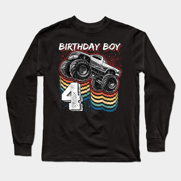 Birthday Boy 4 Monster Truck 4th Birthday Retro Vintage Gift Long Sleeve T-Shirt by elmiragokoryan